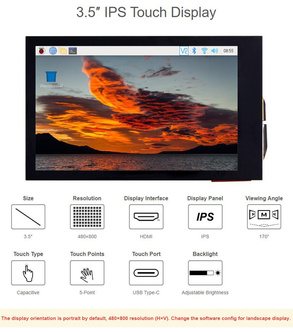 Raspberry Pi 5 - Tela LCD de toque capacitiva IPS